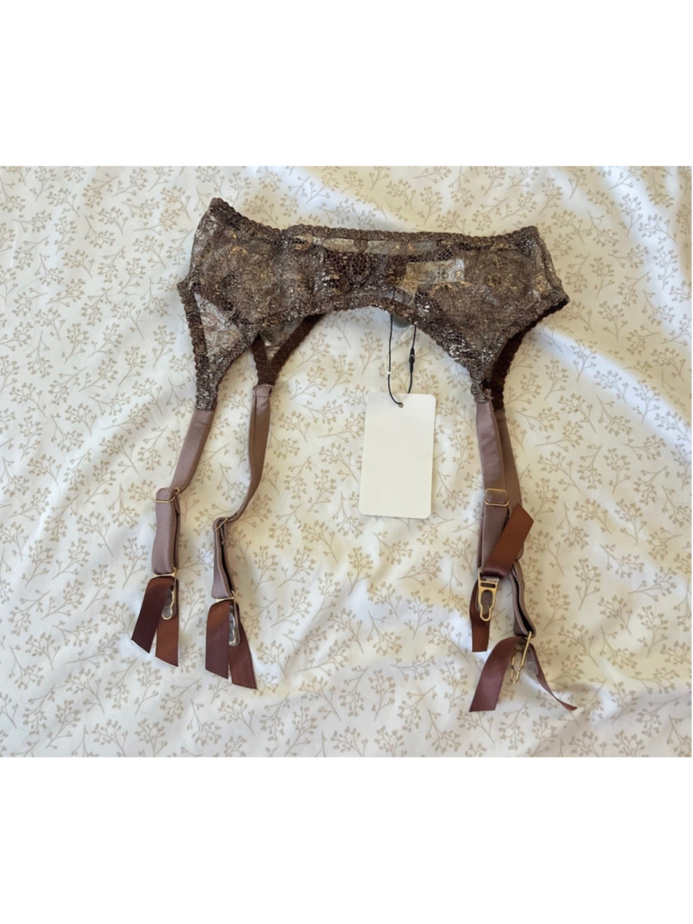 New Myla Rosemoor Street Metallic Leavers Lace and Satin Suspender Belt Small
